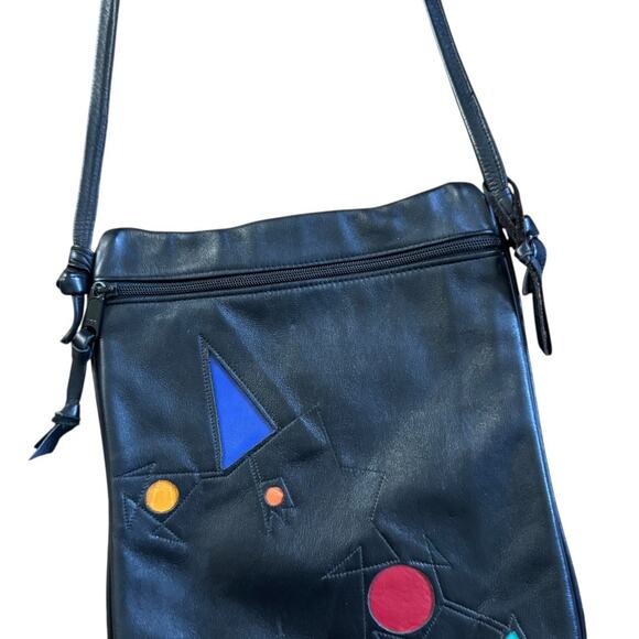 Ilze Heider Artsy Leather Design Crossbody Purse Black Colorful Shapes Eclectic - Picture 2 of 13